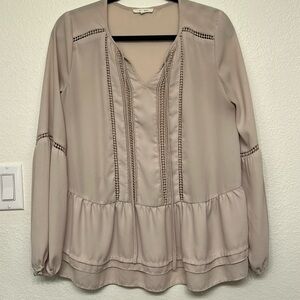 Pleione long sleeve beige lattice cut blouse size XS